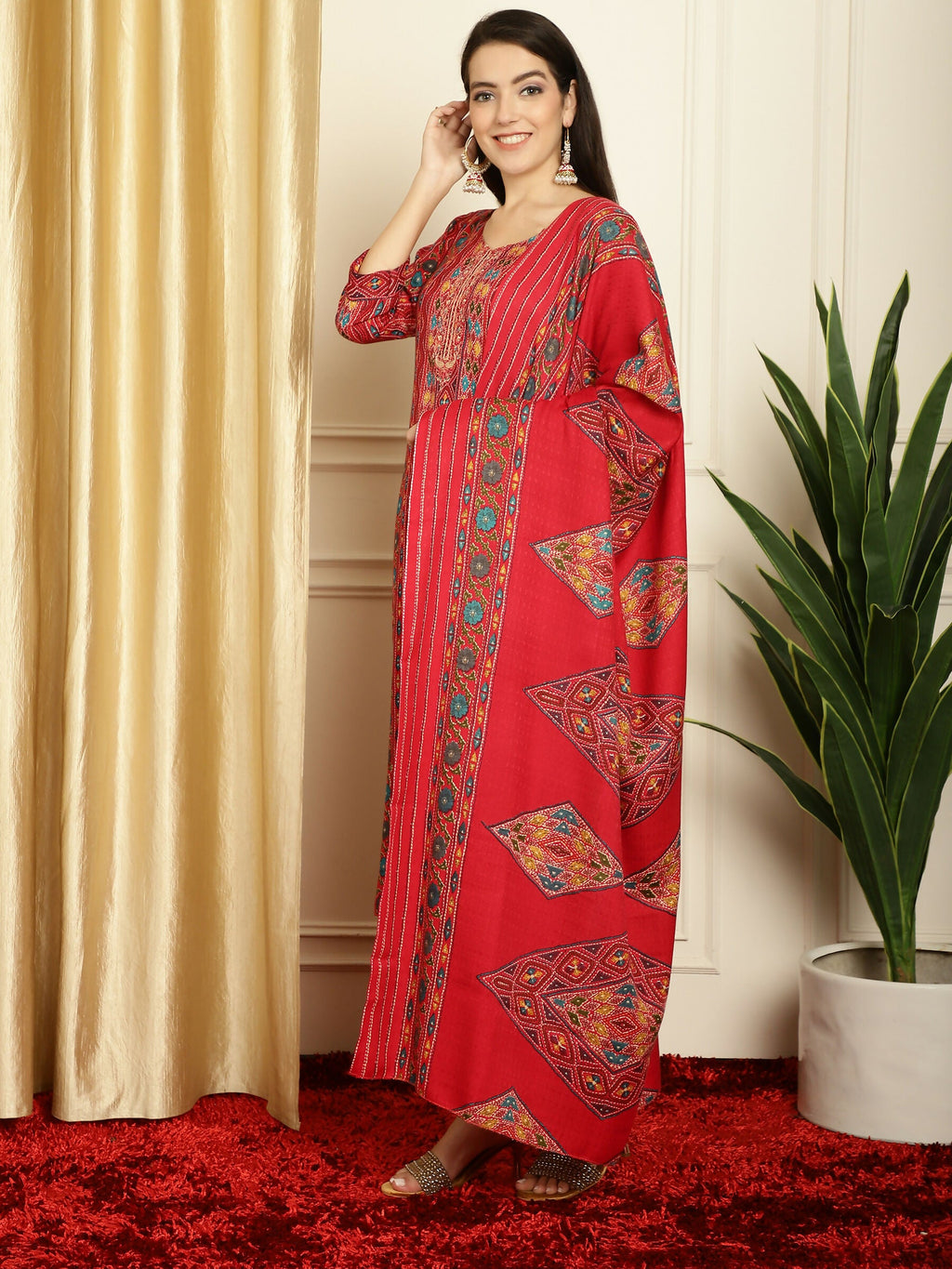 Jyoti Fashion Women's Red Pashmina Floral Digital Printed Kurta with Trouser & Dupatta | Grocsy