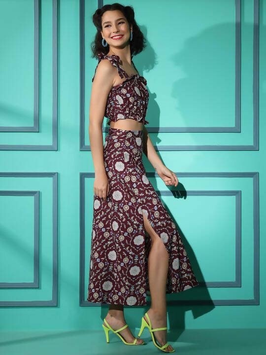 Wine Crepe Floral Printed Top with Matching Skirt - Shivani | Grocsy