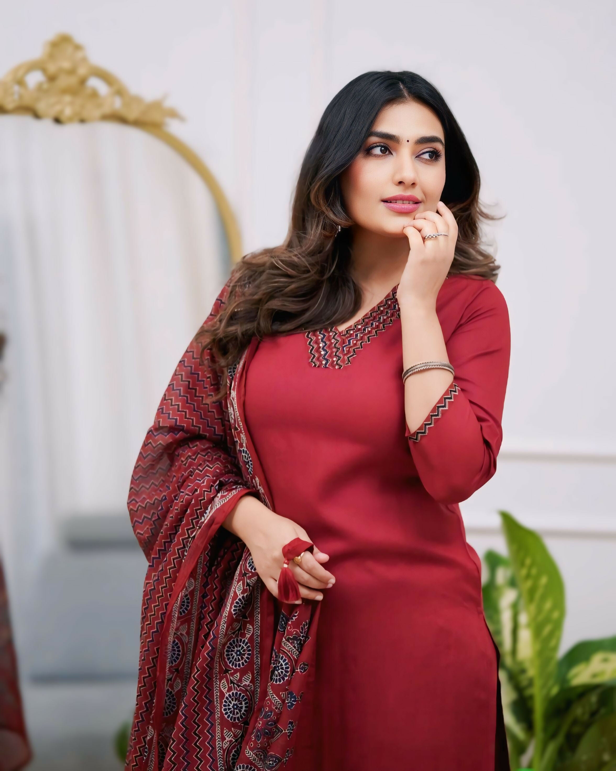The52 Maroon Women's Gorgeous Parampara Fabric Embroidered Work Straight Kurta Pant and Dupatta Set | Grocsy
