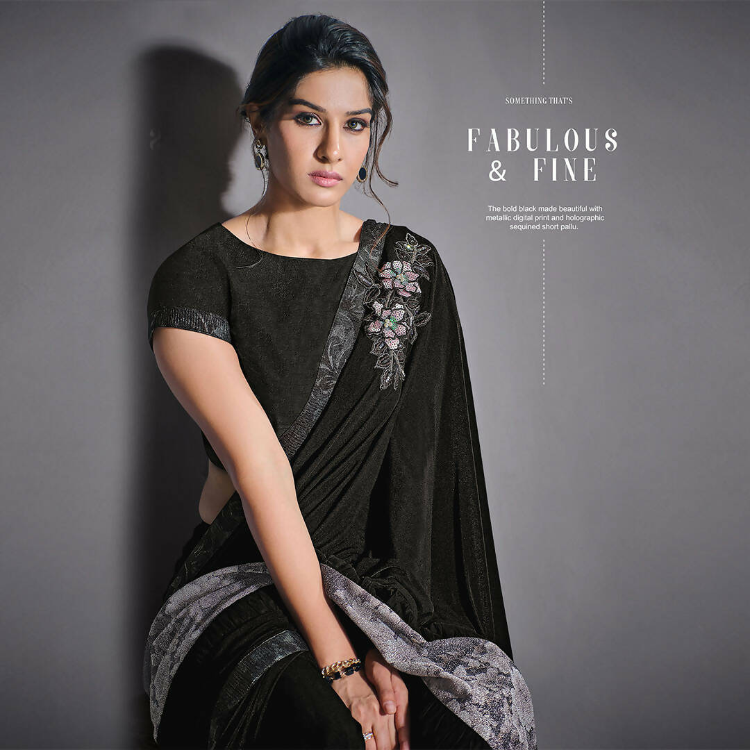 Black Lycra Raw Silk Multi-Colored Sequins Embroidery, Handwork Butta Saree - Norita Eileen | Grocsy