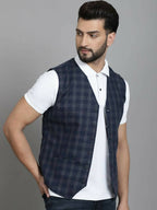 Even Apparels Checked Waistcoat With Welt Pockets - Navy Blue | Grocsy
