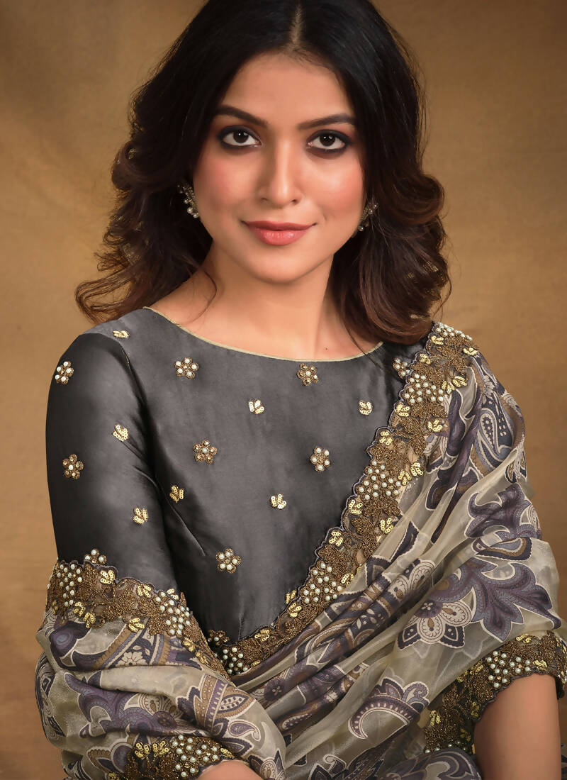 Grey Burning Tissue Designer Saree with Unstitched Blouse - Norita Mahitha | Grocsy