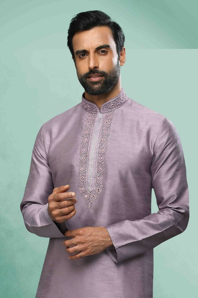 Raivat Ethnic Art Silk Mirror Embroidery Work Kurta Pajama In Lavender Colour | Grocsy