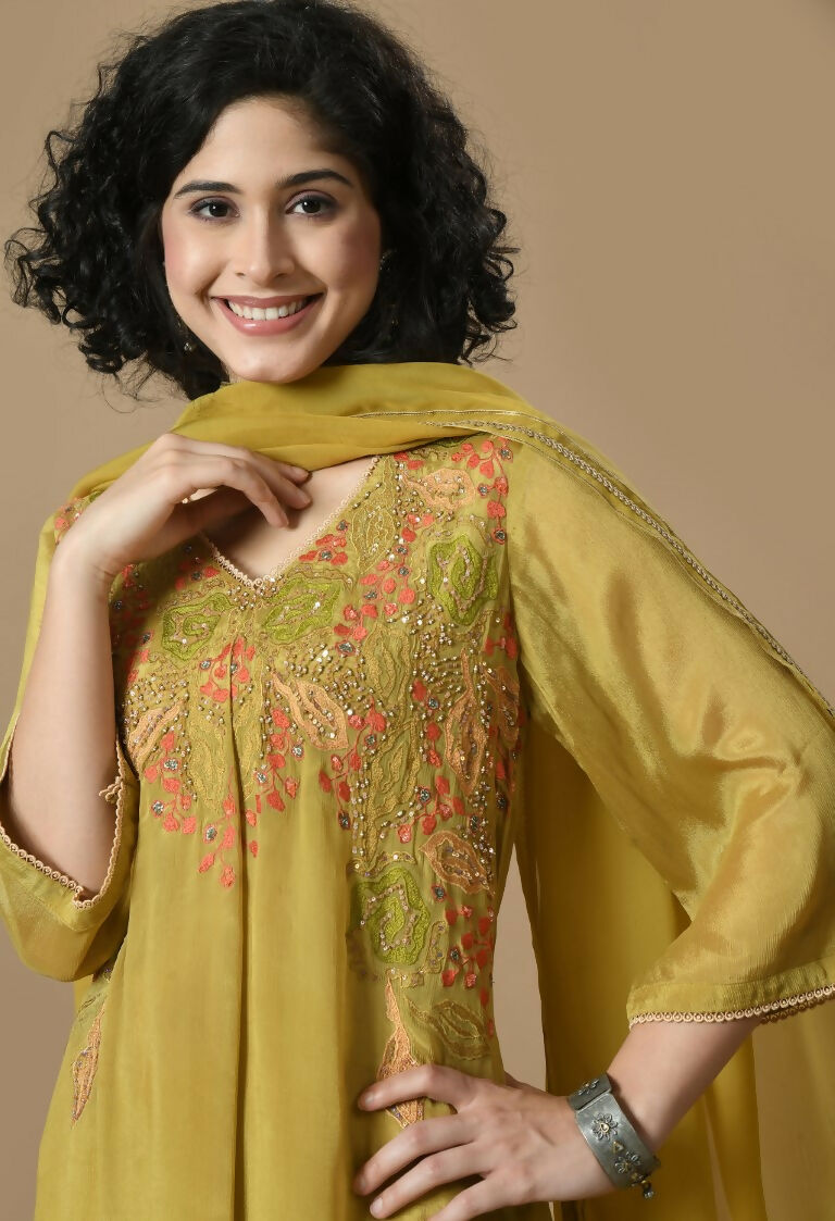Joban Fashion Mehendi Chinnon Kurta Set | Grocsy