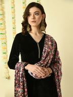 Myshka Women's Black Velvet Kurta & Trousers With Dupatta Party Sets | Grocsy
