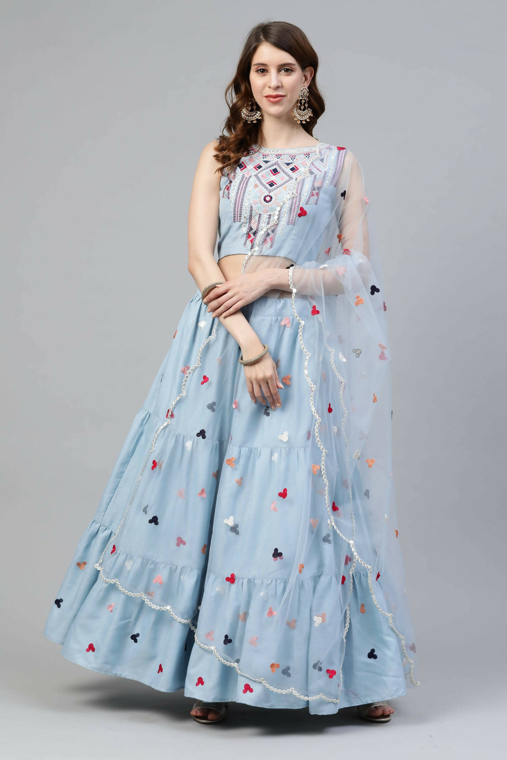 Sky Blue Cotton Embroidered Work Lehenga Choli with Dupatta - Jivika | Grocsy