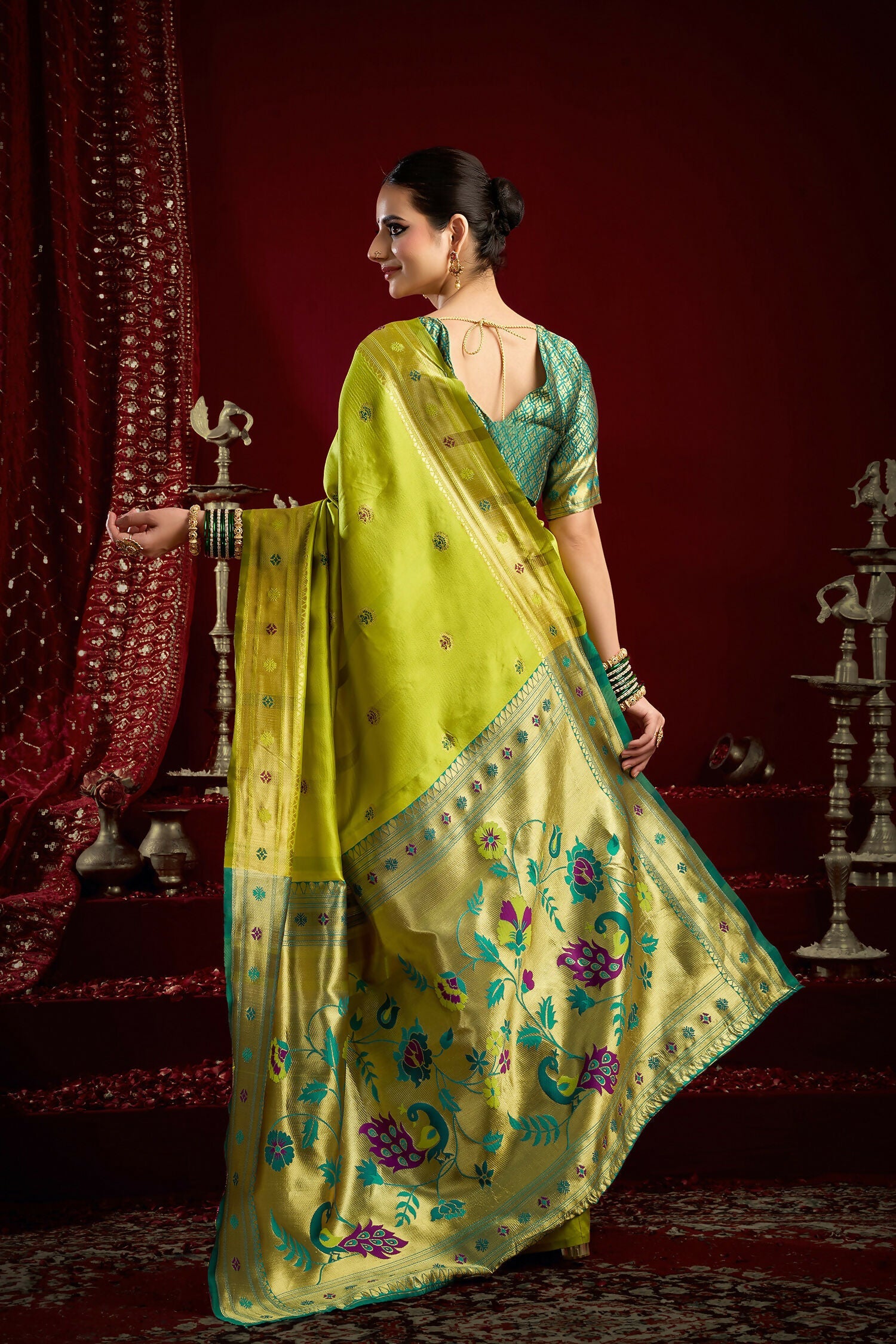 Joban Fashion Mustard Green Paithani Silk Blend Butti Saree | Grocsy