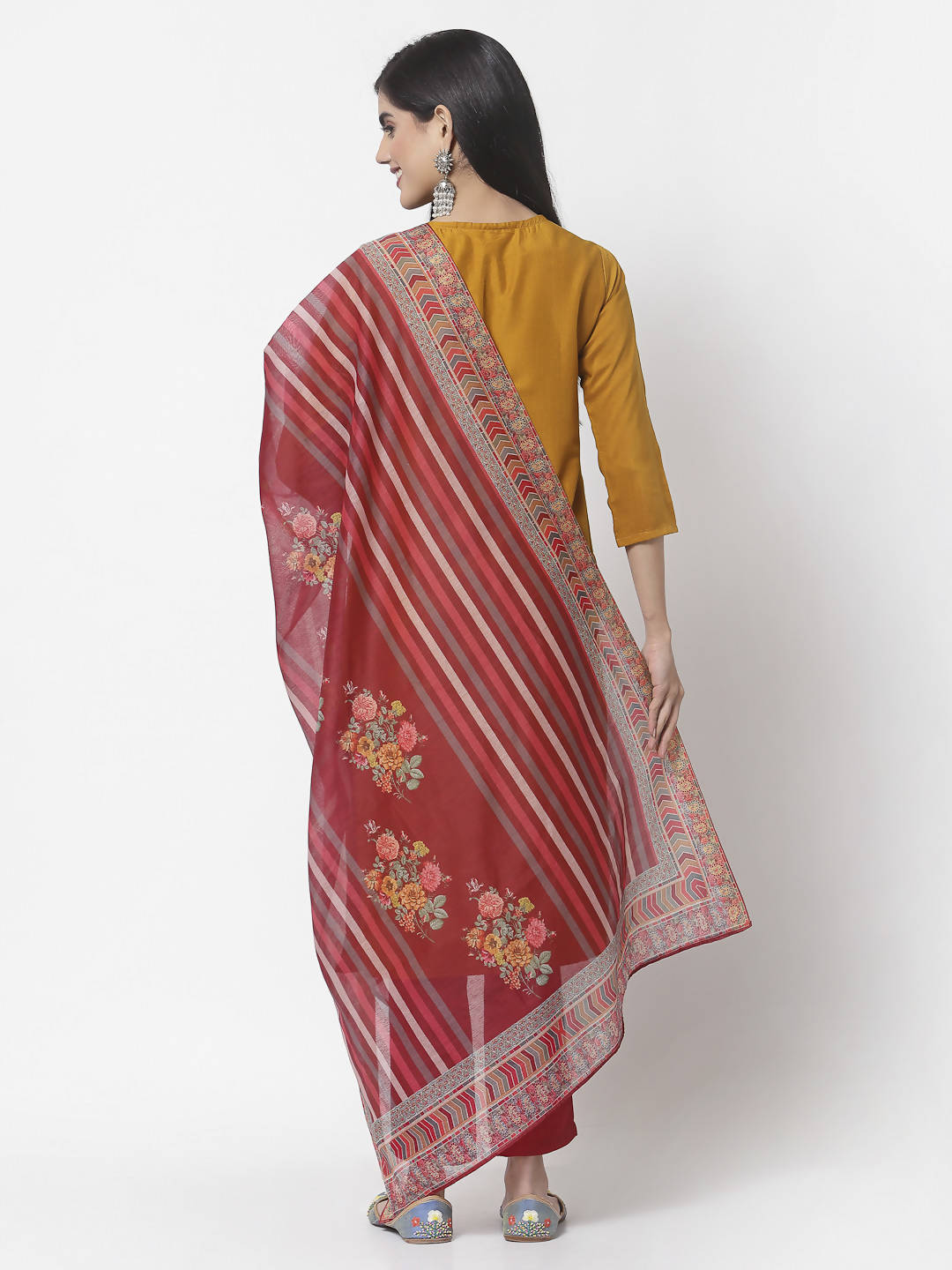 Myshka Women Mustard Viscose Embroidered 3/4 Sleeve Round Neck Kurta Pant Dupatta Set | Grocsy