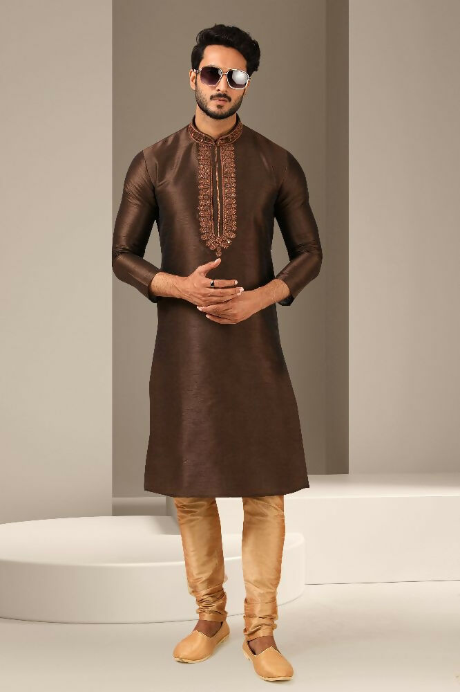 Raivat Ethnic Banarasi Art Silk Mirror Work Kurta Pajama In Brown Colour | Grocsy