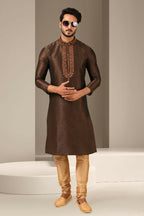 Raivat Ethnic Banarasi Art Silk Mirror Work Kurta Pajama In Brown Colour | Grocsy