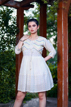 Aayaa Designer Multi Thread Hand Work Khadi Cotton One Piece Dress - Off White | Grocsy