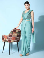 Sea Green Imported Crush Lycra Texture Pattern Ready to Wear Saree with stitched Blouse - Nirvana | Grocsy