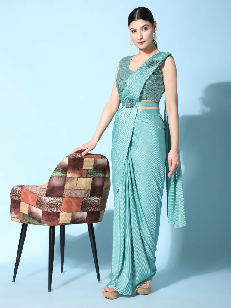 Sea Green Imported Crush Lycra Texture Pattern Ready to Wear Saree with stitched Blouse - Nirvana | Grocsy