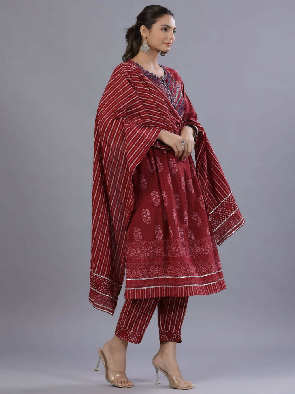 Juniper Women Maroon Cotton Cambric Batik texture Printed Kurta, Pants and Dupatta Set | Grocsy