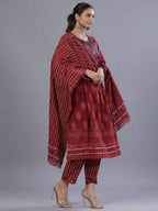 Juniper Women Maroon Cotton Cambric Batik texture Printed Kurta, Pants and Dupatta Set | Grocsy