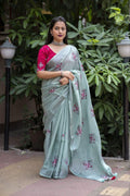 Pine Pure Linen Ethnic Motifs Saree with Unstitched Blouse - Hiral Fashion | Grocsy