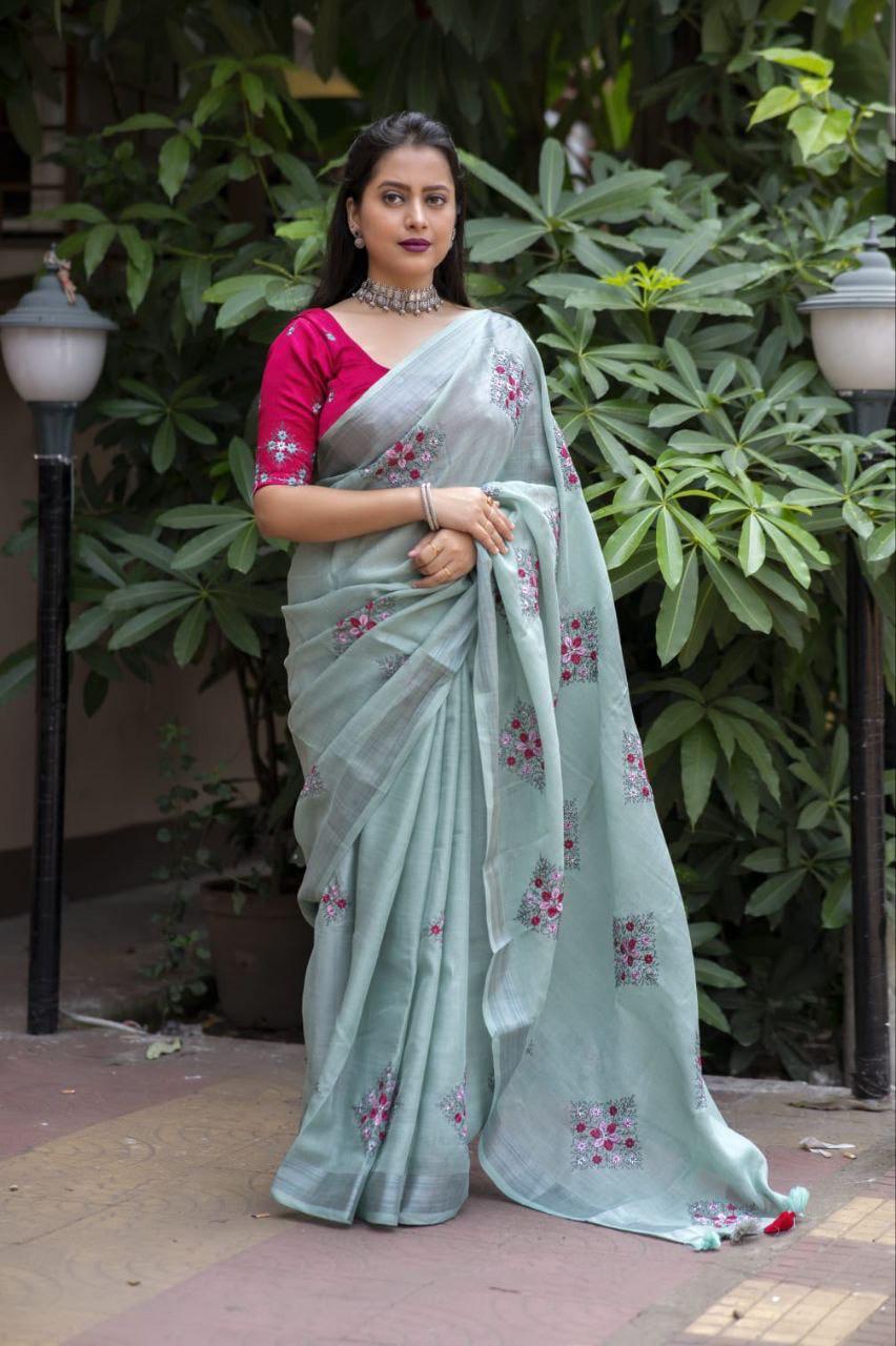 Pine Pure Linen Ethnic Motifs Saree with Unstitched Blouse - A2M | Grocsy