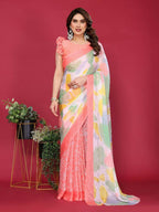 PR Fashion Peach Moss Chiffon Printed Saree | Grocsy
