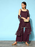 Ahalyaa Women Wine Colour Crepe Gold Printed Kurta Sharara Set | Grocsy