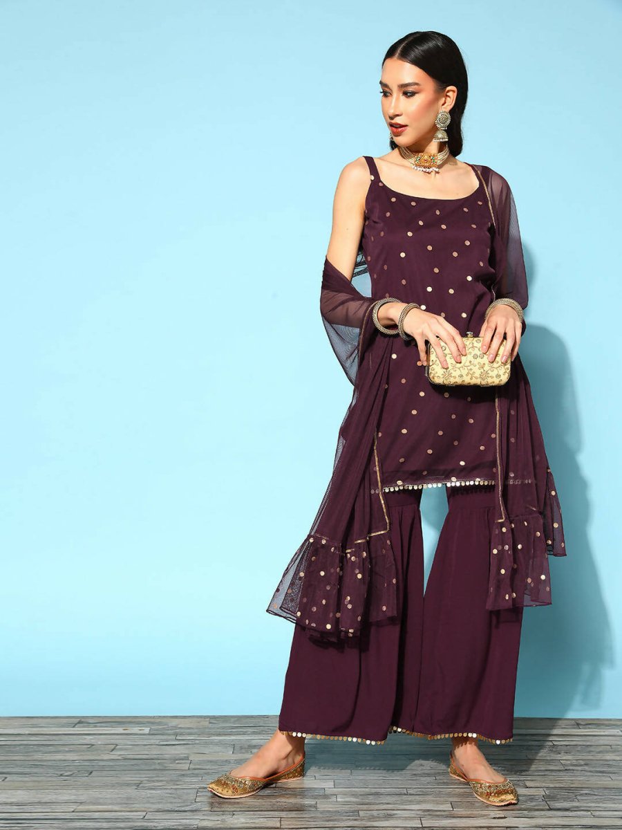 Ahalyaa Women Wine Colour Crepe Gold Printed Kurta Sharara Set | Grocsy
