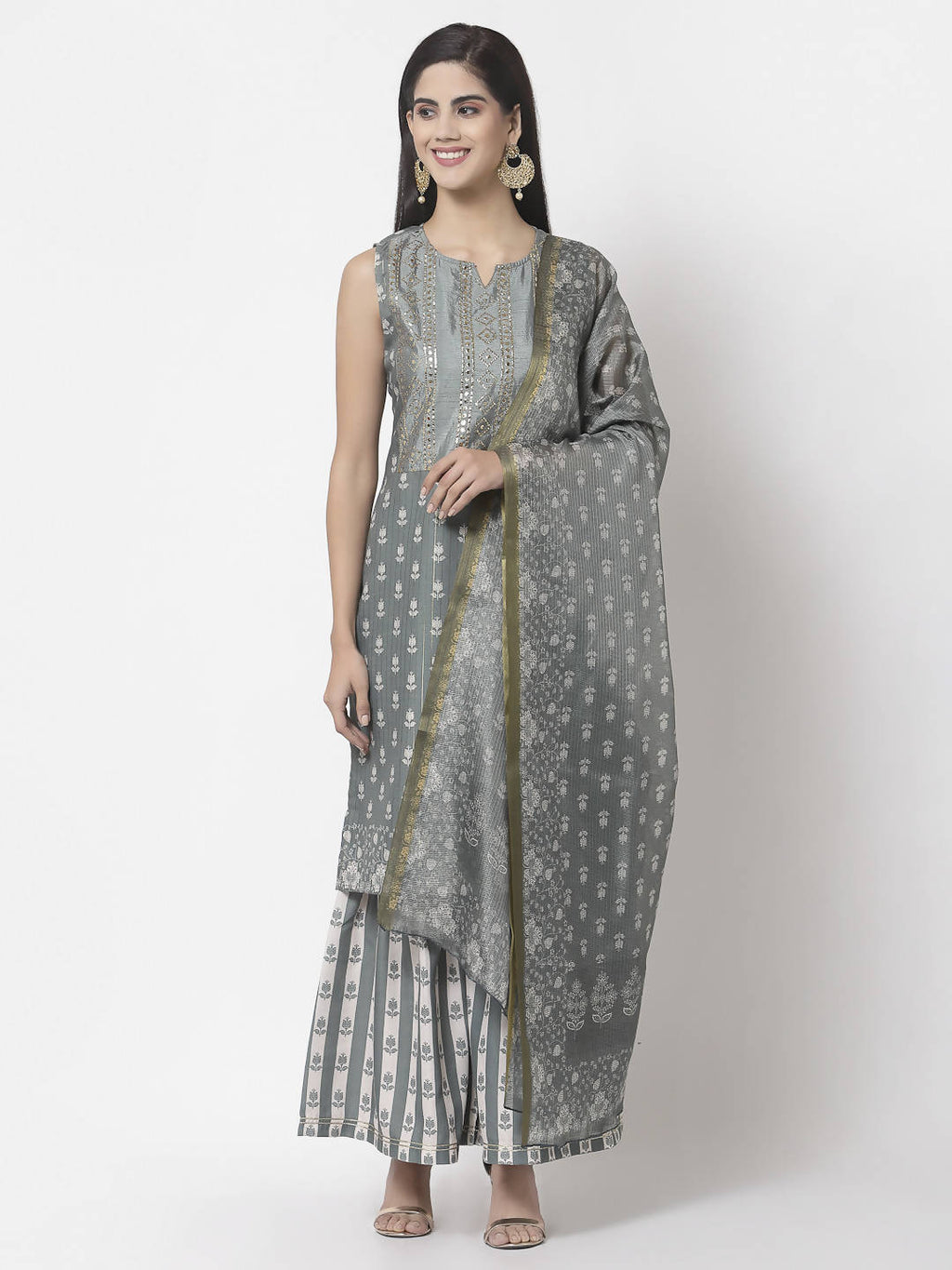 Myshka Women Grey Cotton Blend Printed Sleeveless Round Neck Kurta With Sharara & Dupatta Set | Grocsy