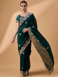 Teal Silk Embroidered Saree with Unstitched Blouse Piece - Satya | Grocsy