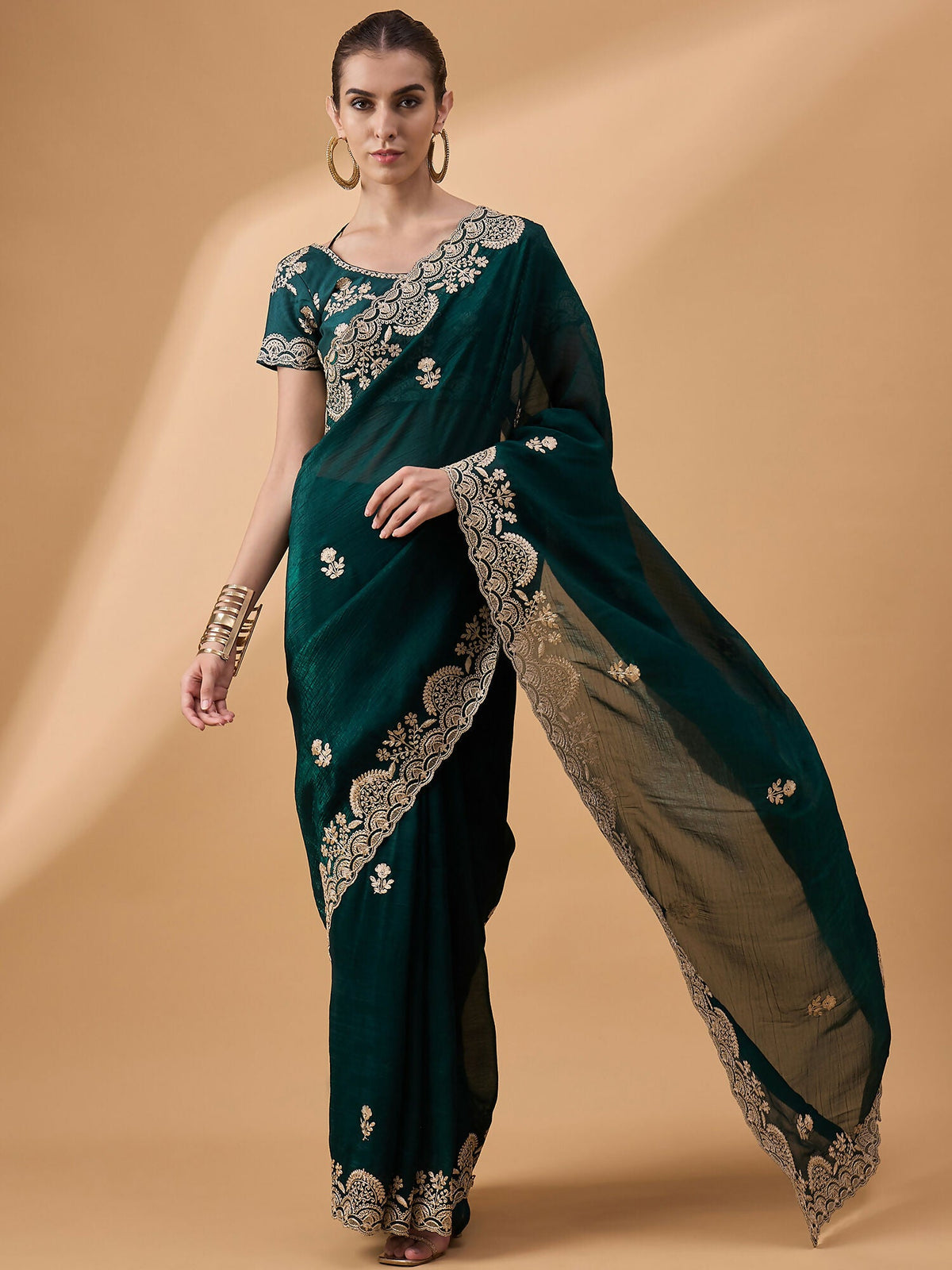 Teal Silk Embroidered Saree with Unstitched Blouse Piece - Satya | Grocsy