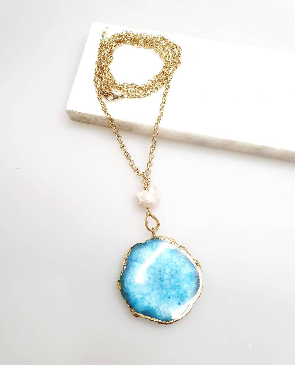 Bling Accessories Turquoise Agate Natural Stone Baroque Pearl Long Necklace | Grocsy