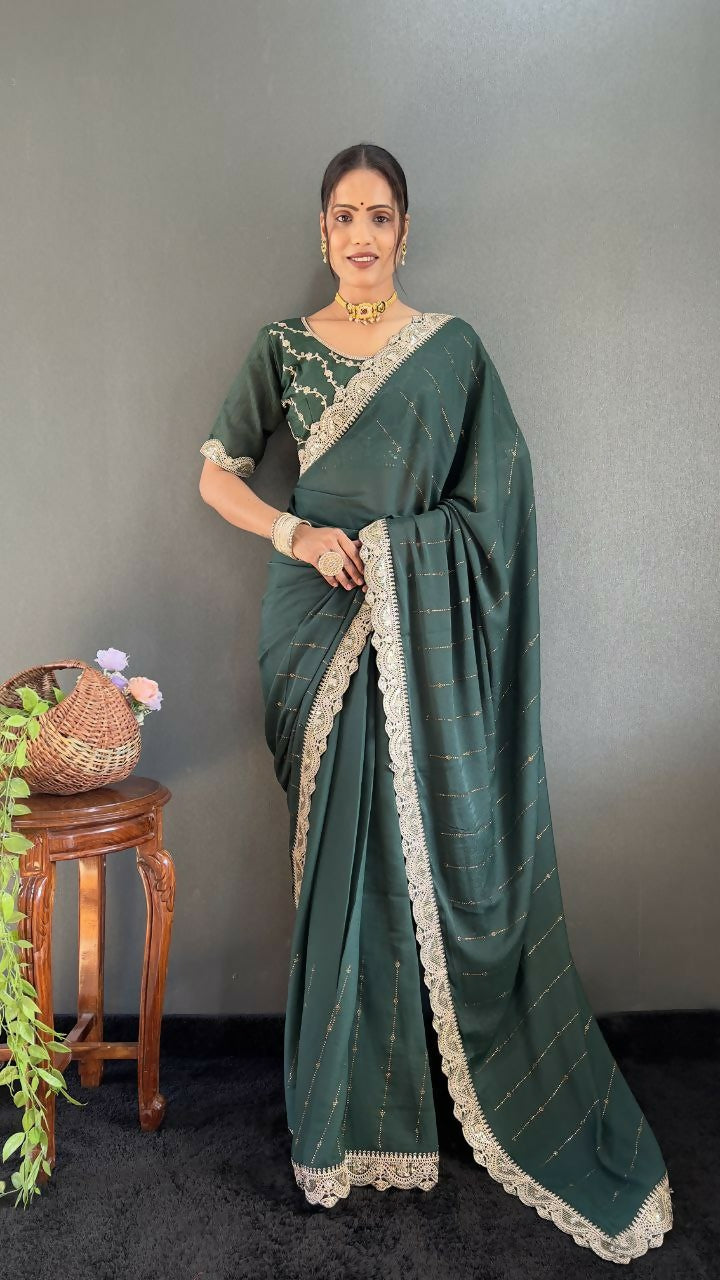 Vastranavya Sea Green Georgette Silk Swarovski & Heavy Lace Work Ready to Wear Saree | Grocsy