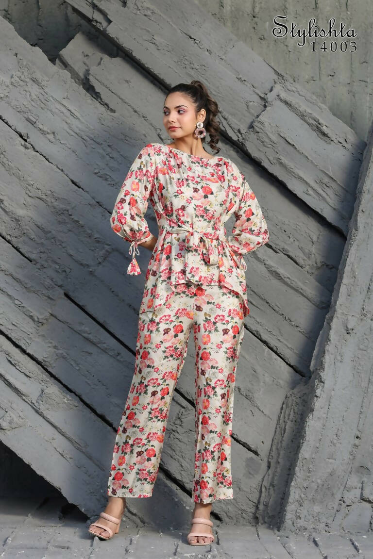 Women's Partywear Designer White & Multi Muslin co-ord set - Stylishta | Grocsy