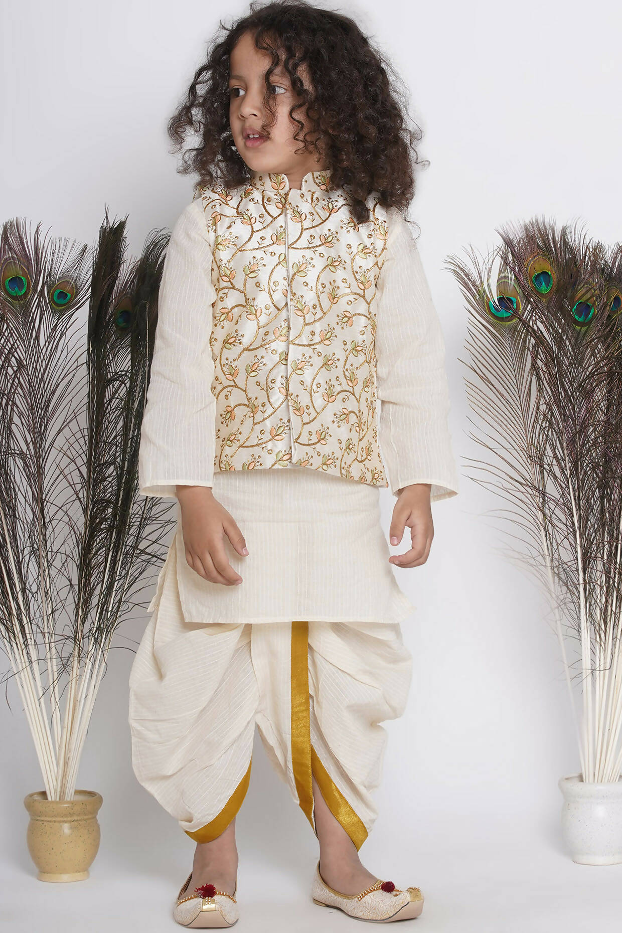 Little Bansi Banarsi Silk Floral Embroidery Jacket With Cotton Kantha kurta And Kantha Dhoti - Cream | Grocsy