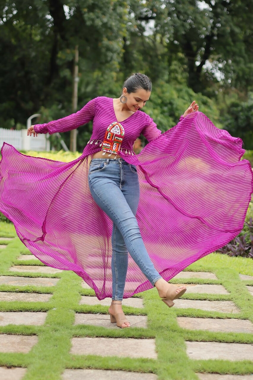 Vastranavya Purple Navratri Special Kutchi Patch Work with Leheriya Printed Kurti | Grocsy