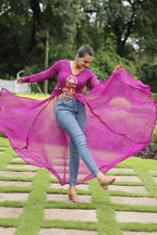Vastranavya Purple Navratri Special Kutchi Patch Work with Leheriya Printed Kurti | Grocsy