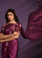 Purple Crepe Satin Silk Embroidered Saree With Stitched Blouse - Mohmanthan Exotica | Grocsy