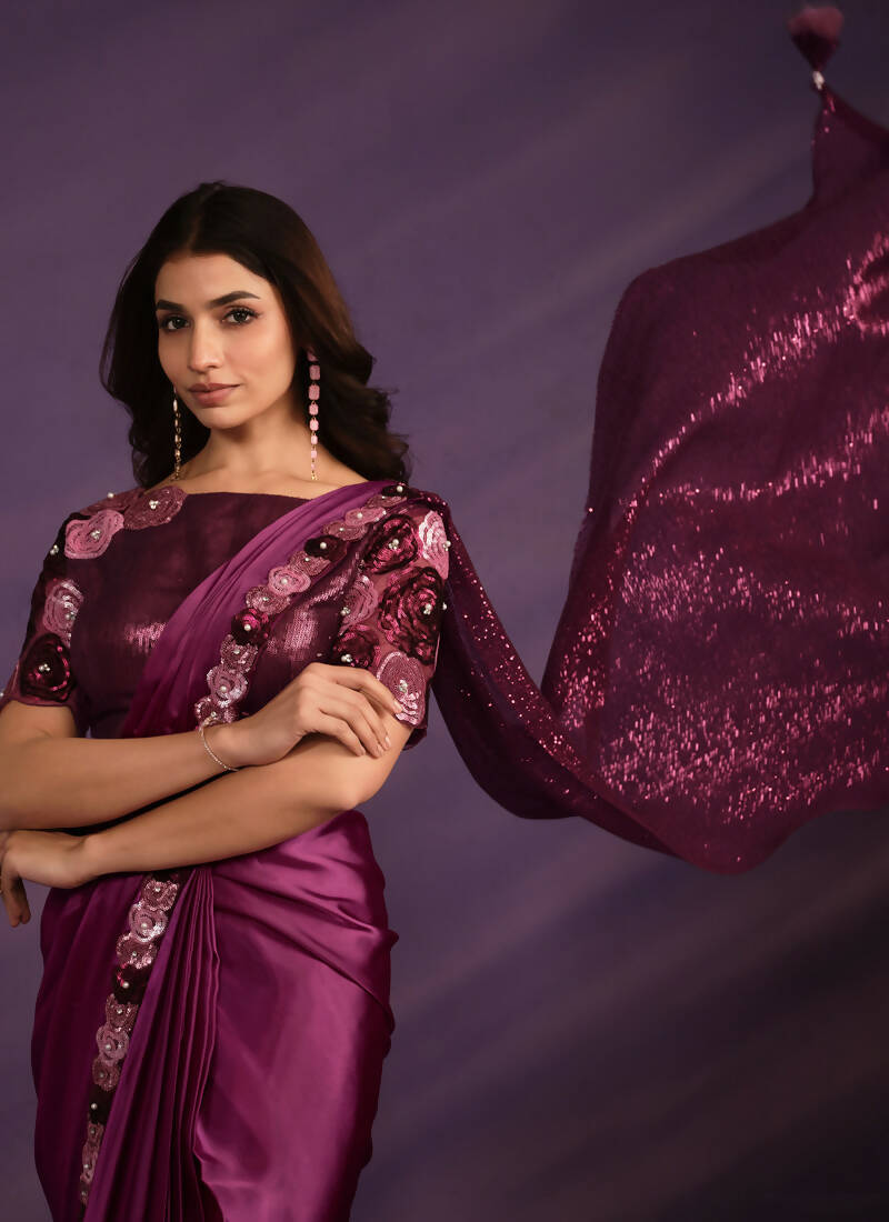 Purple Crepe Satin Silk Embroidered Saree With Stitched Blouse - Mohmanthan Exotica | Grocsy