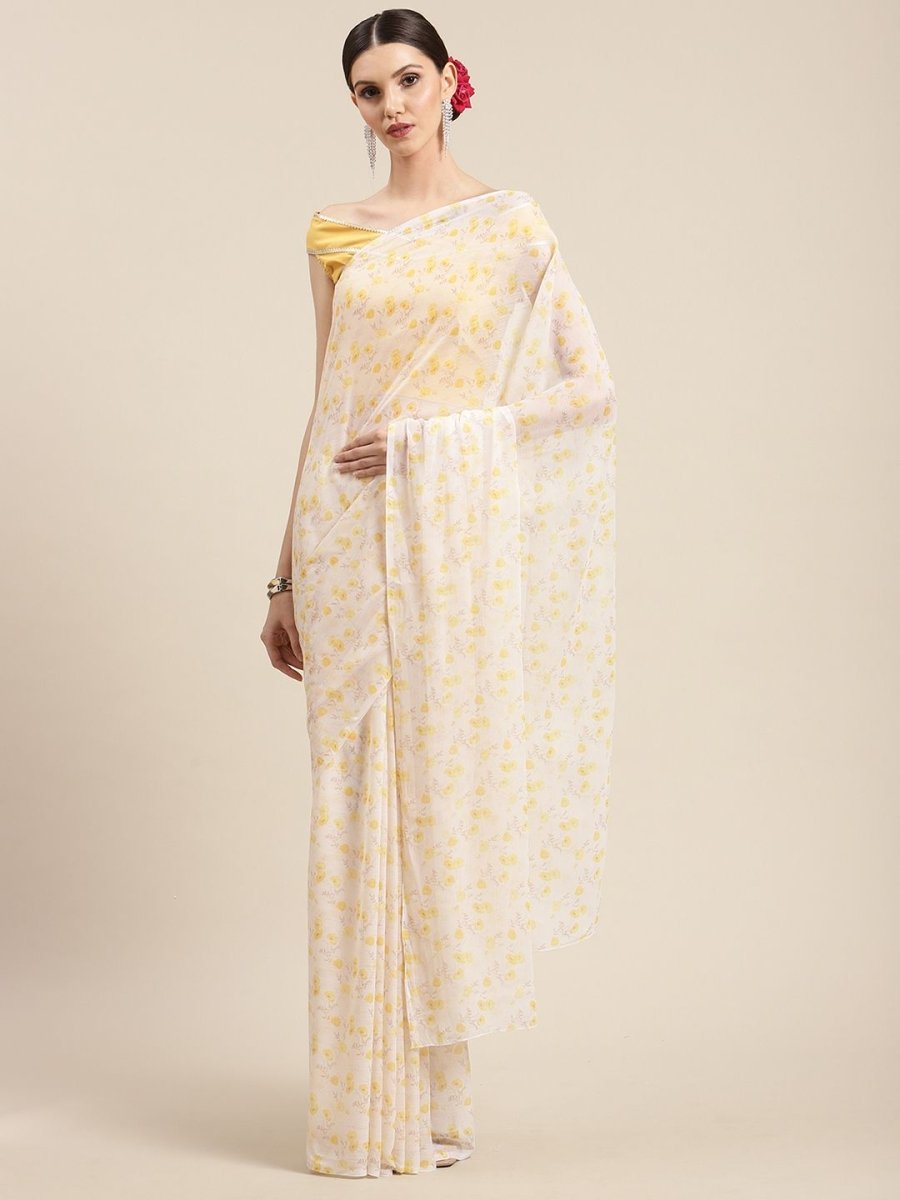 Ahalyaa Yellow Chiffon Digital Print Floral Saree | Grocsy