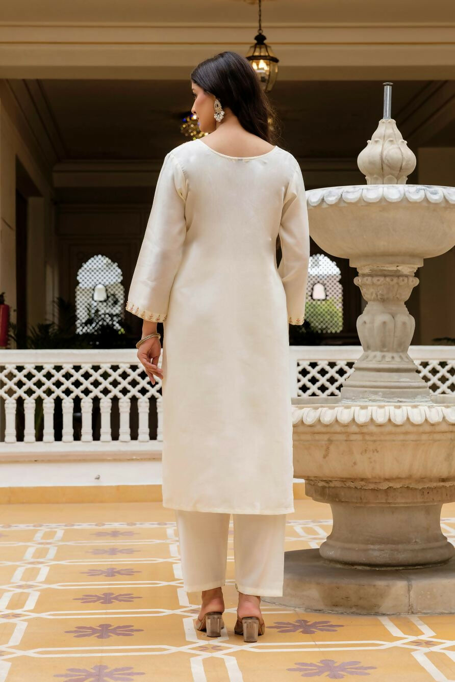 The52 White Women's Beautiful Viscose Chanderi Fabric Embroidered Work Straight Kurta Pant and Dupatta Set | Grocsy