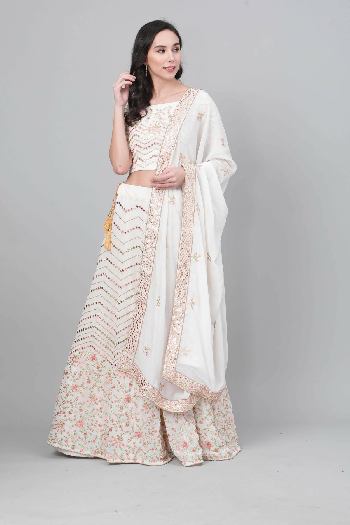 Pearl White Georgette Sequins Embroidery with Mirror work Lehenga Choli with Dupatta - Jivika | Grocsy