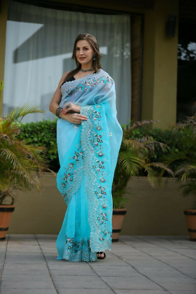 Vamsee Sanyogita Sanyogita - Sky Organza Saree | Grocsy