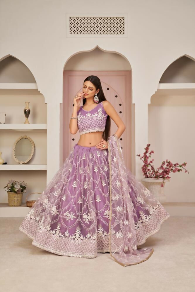 Aastha Fashion Lavender Butterfly Net White Cotton Thread Work, Zari Work And Sandwich Sequence Work Embroidery Wedding Wear Lehenga Choli | Grocsy