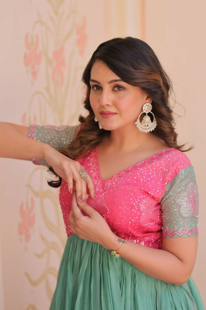 Vastranavya Pink Gold Crush Padding With Beads Embroidered Work Gown | Grocsy