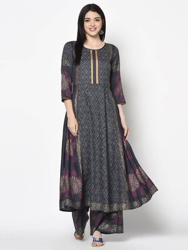 Aniyah Rayon Dark Grey Color Block Print Anarkali Palazzo Set (AN-199K) | Grocsy