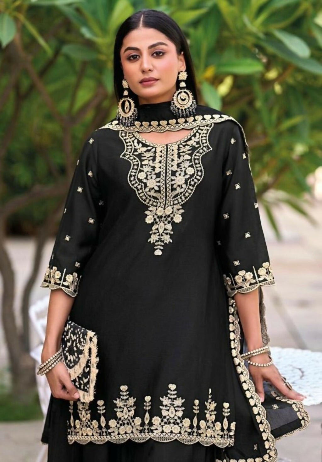 Anaita Black Chinon Readymade Palazzo Suit with Heavy Embroidery Work | Grocsy