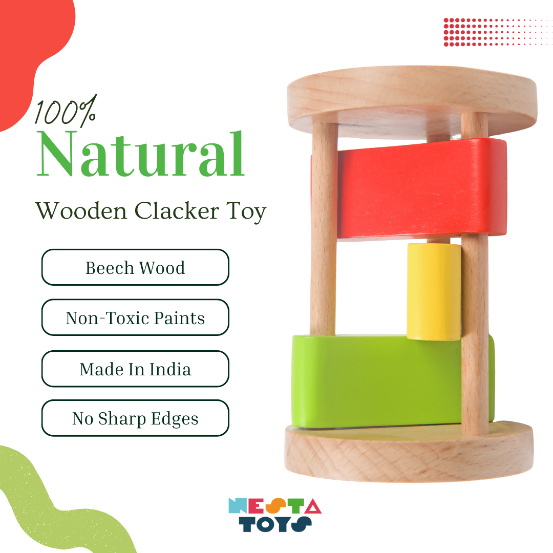 Nesta Toys Wooden Rattle Roll Clacker for Babies (6+ Months), Musical Toy for Sensory Exploration and Fine Motor Skills Development, Montessori Toy | Grocsy