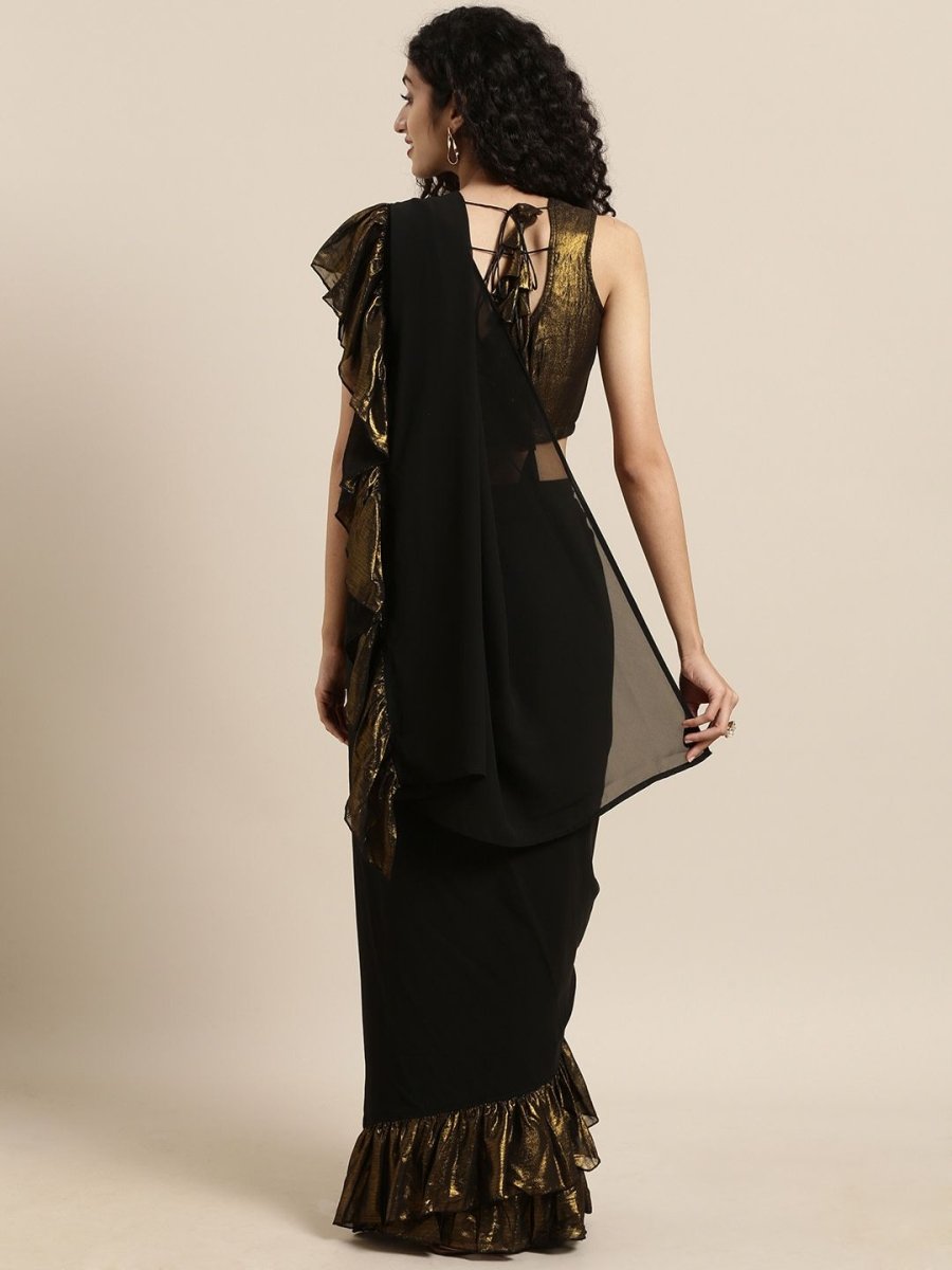 Ahalyaa Women's Black Georgette Ruffles Ready to Wear Saree | Grocsy