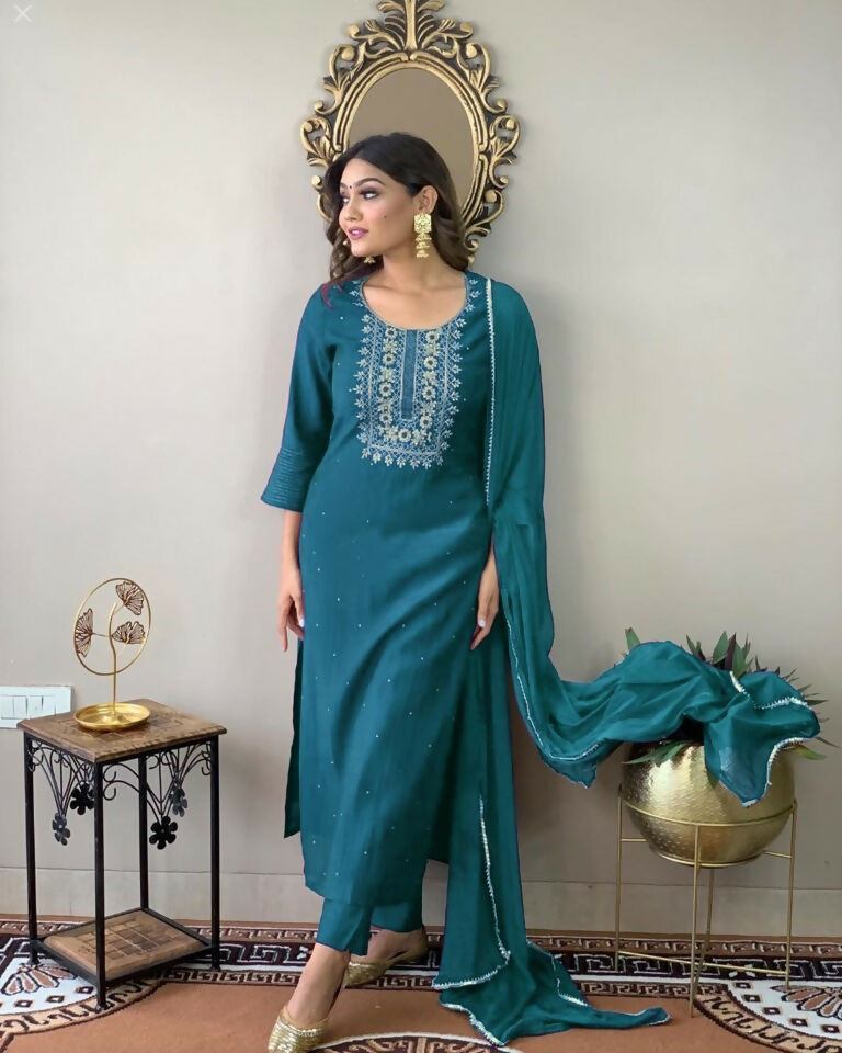 Partywear Designer Firozy Rayon Slub Stitched Suit With Dupatta - Tanisha | Grocsy