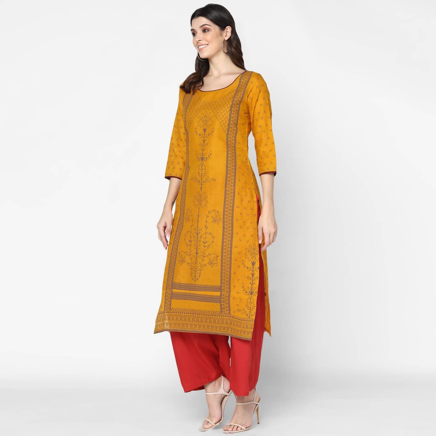 Cheera Hand Block Print Mustard & Red Straight Kurta With Palazzo (MAAI-071K) | Grocsy