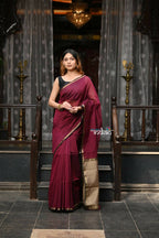 Very Much Indian VMI Exclusive Designer! Handloom Cotton Silk Saree With Sleek Golden Border - Maroon Shade | Grocsy