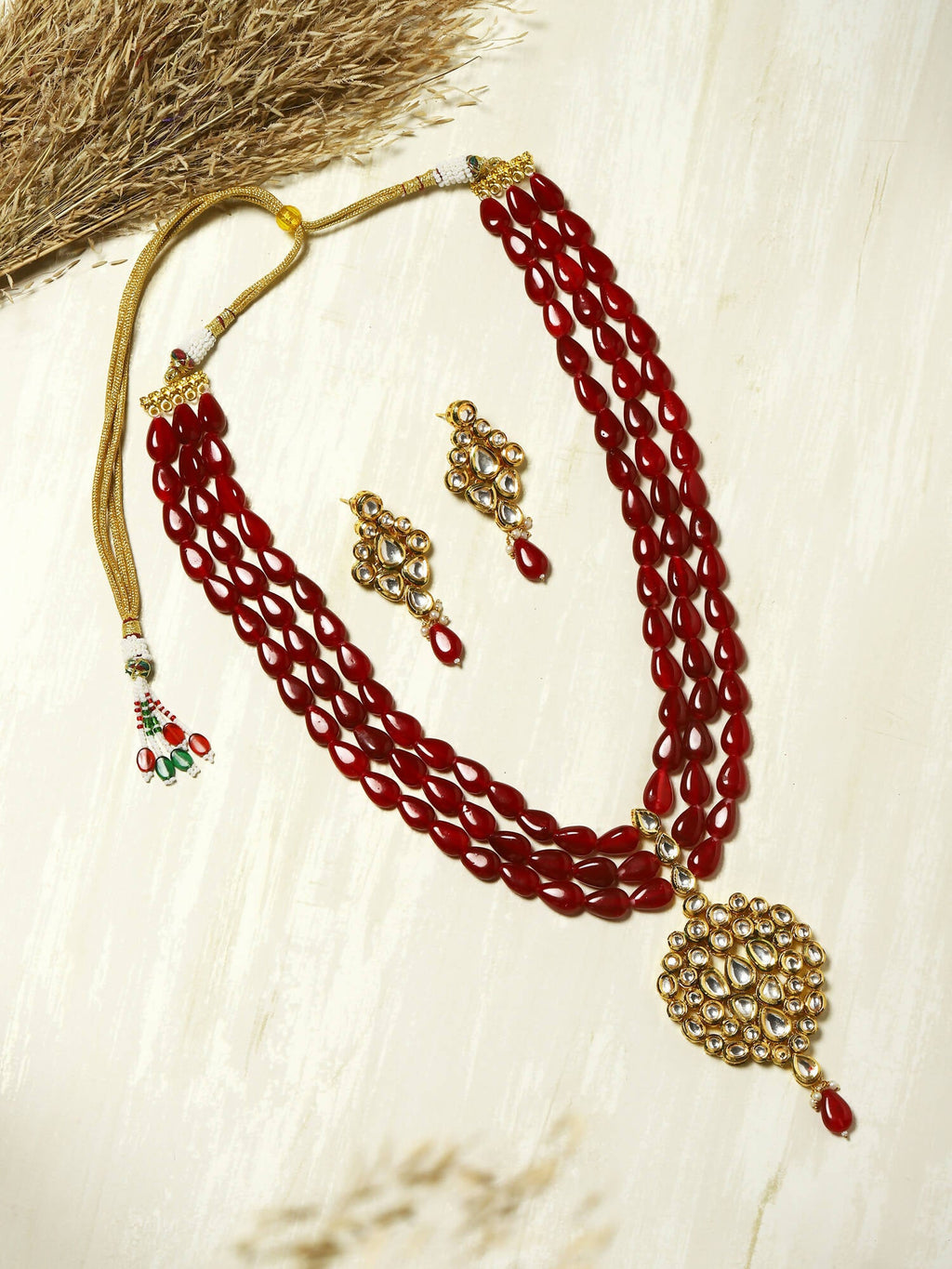 Gold-Polished White Maroon Kundan Studded Beaded Handcrafted Jewellery Set - Ruby Raang | Grocsy