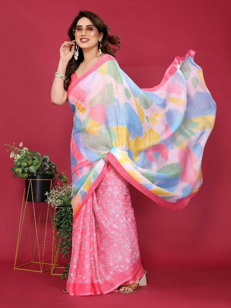 PR Fashion Pink Moss Chiffon Printed Saree | Grocsy